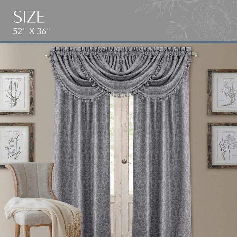 Elrene Home Fashions Antonia Floral Damask Waterfall Window Valance with Tassels, 52"x36", Silver - Image 3